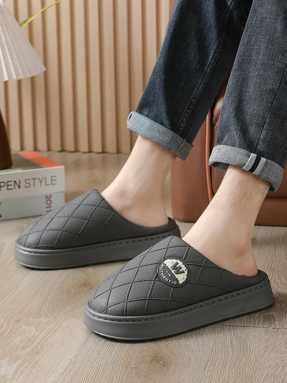 男士冬季室内家居厚底加厚加绒防水PU皮面防滑棉拖鞋冬天保暖棉鞋