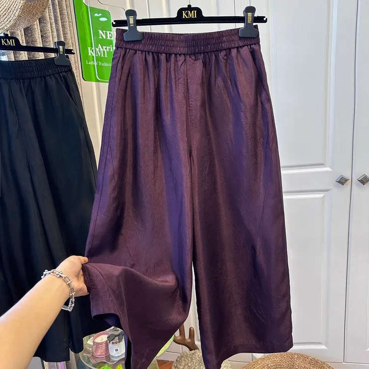 韩版感气高级感松紧腰纯色醋酸休闲裤女九分裤垂感显瘦宽松夏薄款