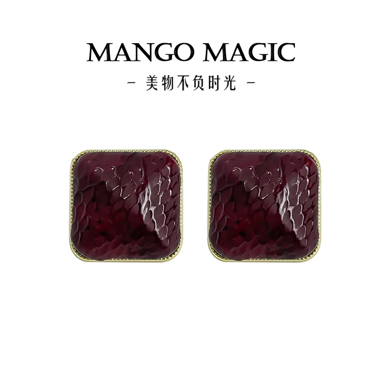 铜合金皮质耳饰 桑提娜欧美蟒纹皮革方形轻奢安克拉红耳钉 J-6914