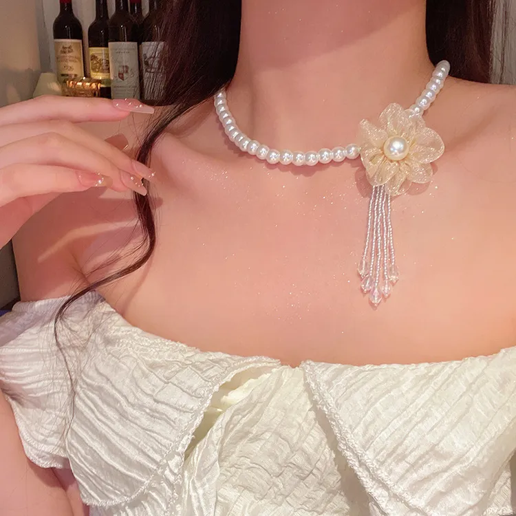不锈钢仿珍珠项链 森系温柔甜美气质蕾丝花朵锁骨链小众高级感长