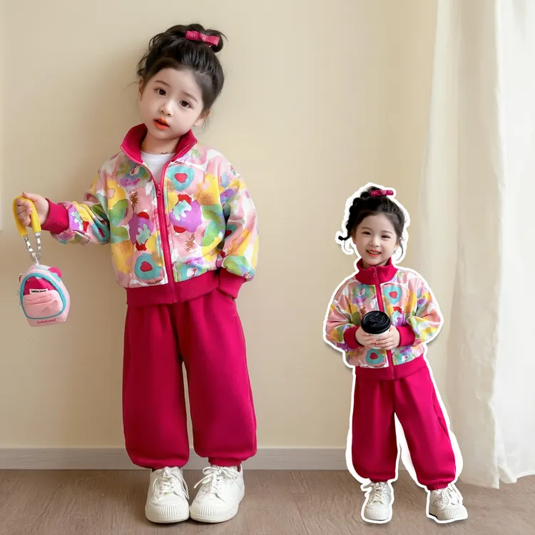 休闲风女拉链格子春秋少女风套装卫衣小童