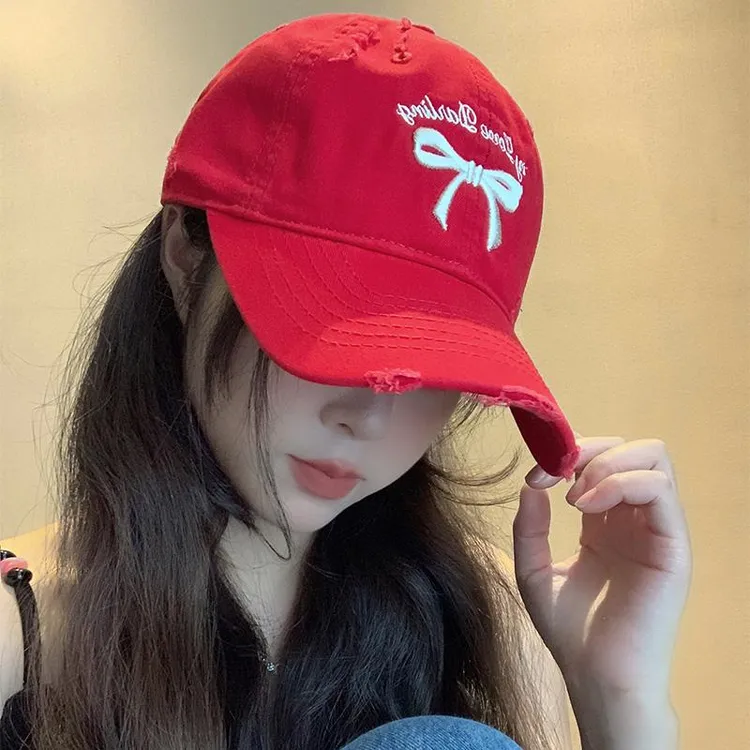 韩国ins蝴蝶结破洞鸭舌帽子女夏大头围遮阳显脸小软顶棒球帽红色