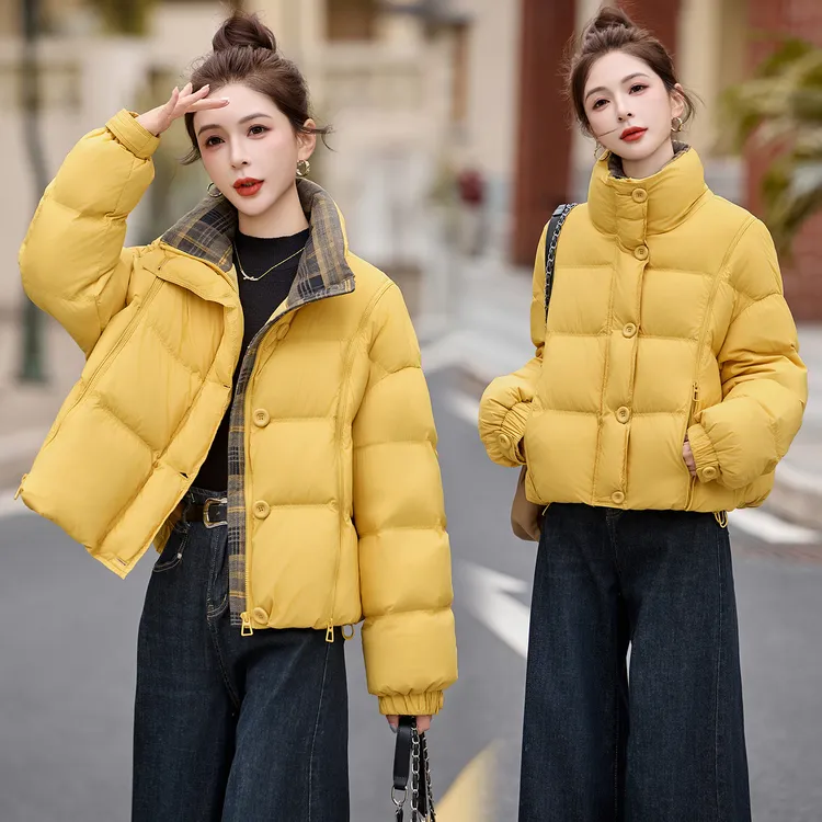 短款羽绒服女冬季2025新款时尚洋气格纹拼接立领小个子保暖外套潮