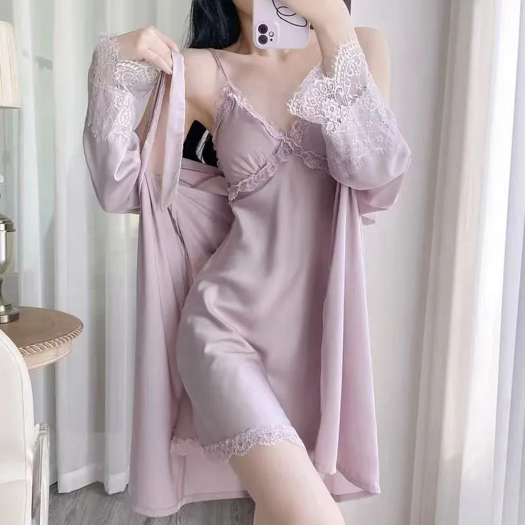 蕾丝花边冰丝女士睡衣春秋新款性感薄款吊带裙睡袍纯欲吊带睡衣