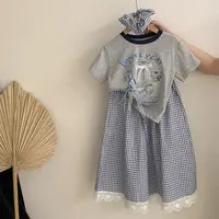 【安安家】女童夏季新款T恤儿童卡通休闲百搭印花上衣格子裤Z-SA001