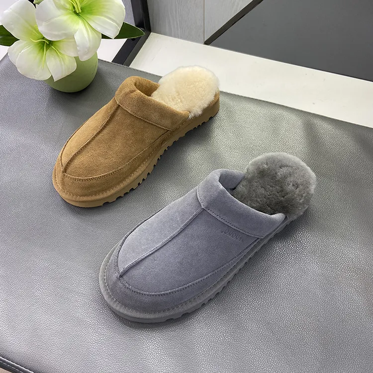 加大码秋冬包头拖男款磨砂皮真皮全羊毛居家素面保暖休闲百搭拖鞋