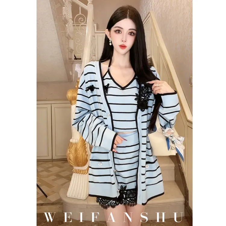 WEIFANSHU/魏凡舒【巴黎路透】早秋新款条纹针织套装挂脖&短裤&开衫