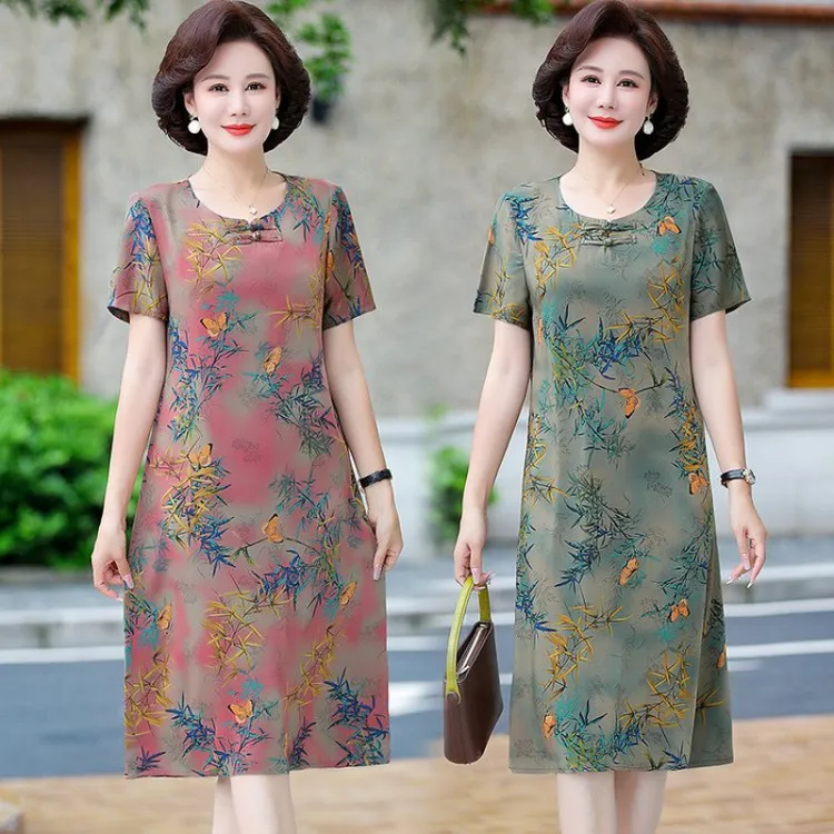 母亲节妈妈裙子夏装洋气中老年人女短袖连衣裙夏款新款改良旗袍裙
