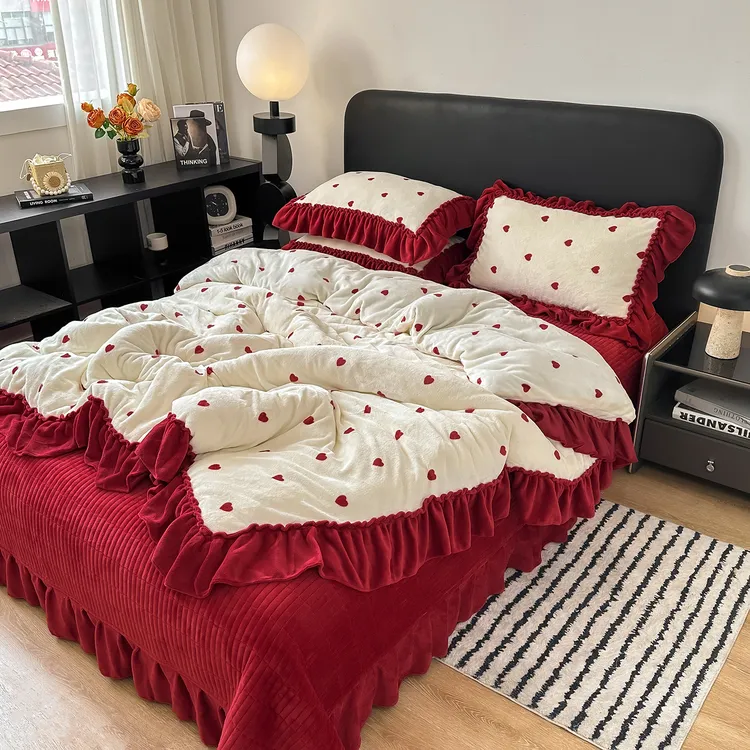 【新品牛奶绒】新大花边A类加厚保暖床单床裙床盖无静电绗缝高克重