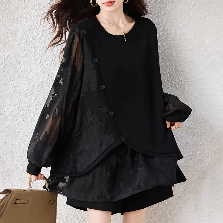 大码女装秋季新款胖mm洋气高级感减龄宽松提花拼接假两件上衣