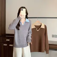 翻领撞色针织上衣女2025秋季新款大码胖mm气质百搭宽松显瘦打底衫