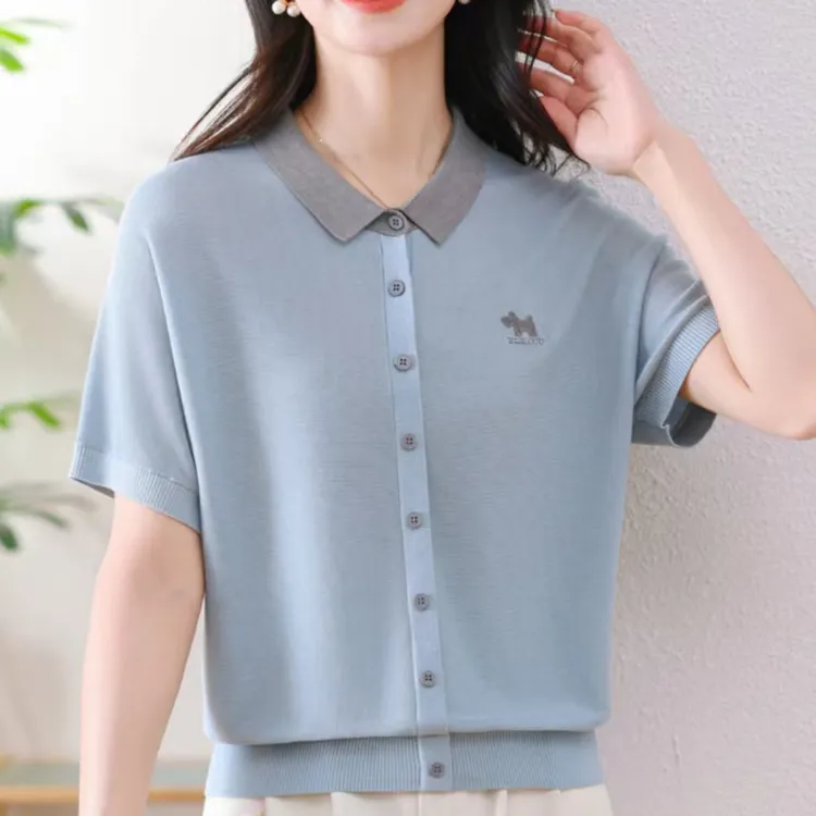 妈妈装夏装新款针织短袖t恤中年女士翻领薄款宽松夏季假开衫上衣
