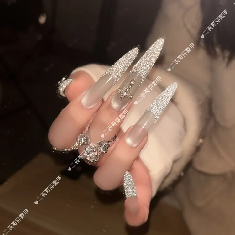 （女王闪）十字架纯手工爆闪猫眼高级气质显白百搭穿戴甲可拆卸