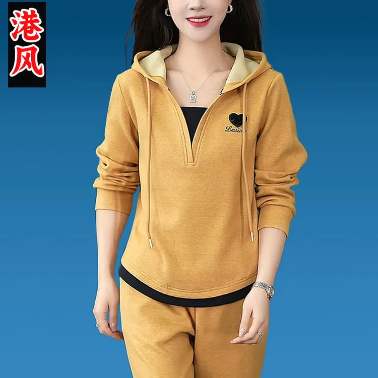 品牌黄色洋气运动套装女春秋韩版显瘦宽松连帽卫衣裤子好看两件套