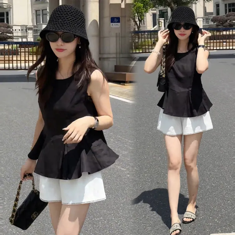 小个子贵气感穿搭套装韩系设计感收腰无袖衬衫百搭短裤两件套女装