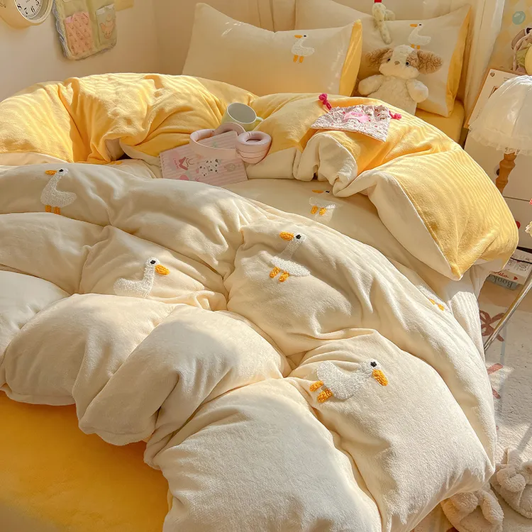 暖冬牛奶绒四件套冬季绣花保暖床上用品被套双人三件套毛绒加厚