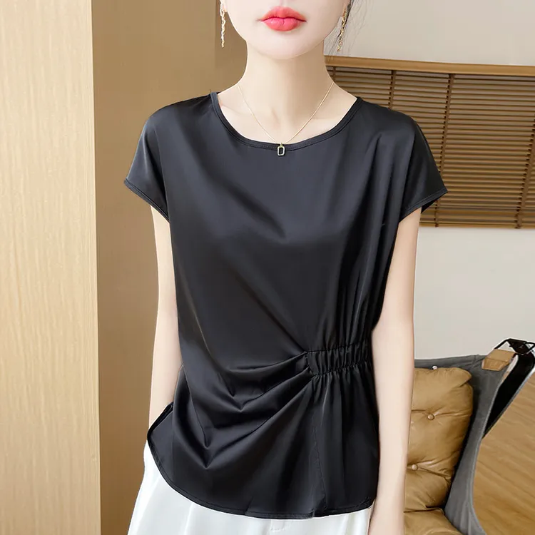 品牌设计感抗皱醋酸缎面衬衫女短款薄款短袖收腰宽松小众洋气夏季