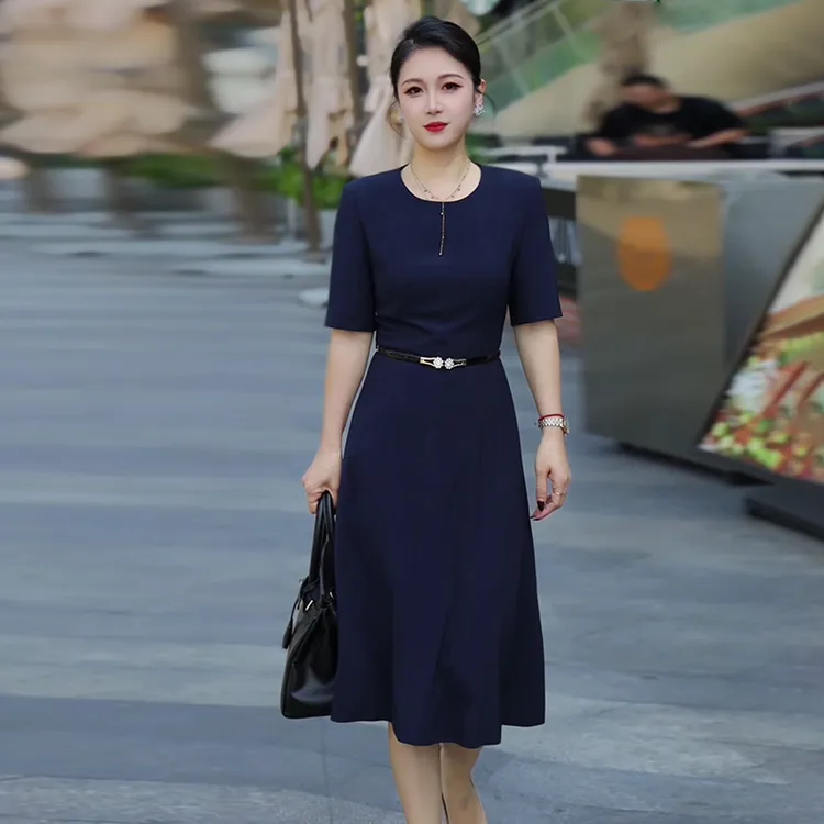高端气质圆领短袖连衣裙女夏季通勤高腰职业裙子正装工作服显瘦