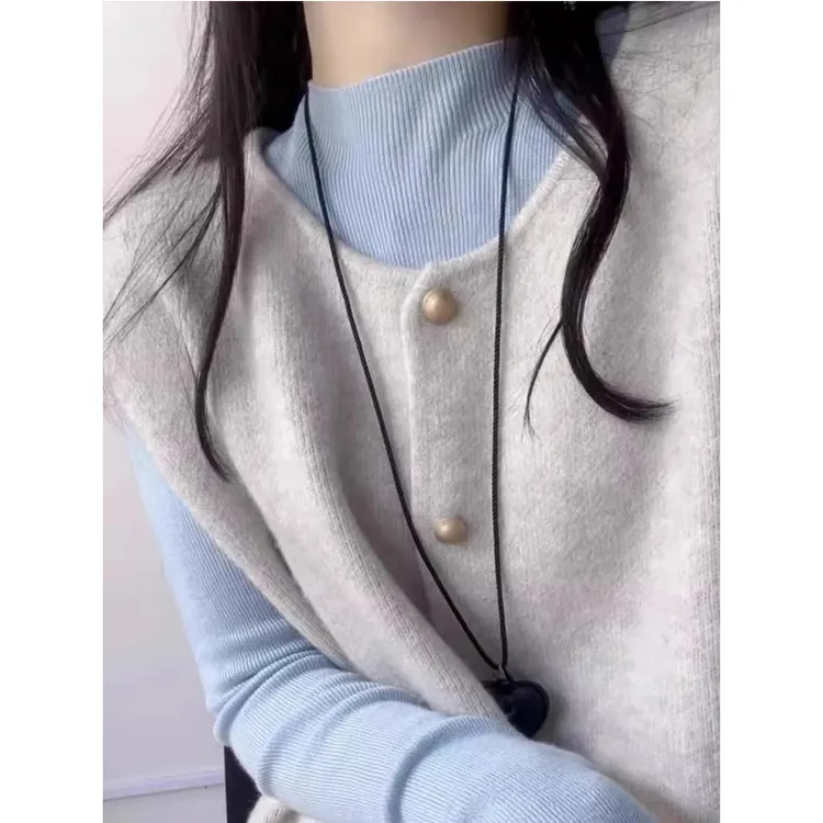 复古小金扣叠穿针织坎肩女2025秋冬韩系慵懒开衫软糯宽松毛衣马甲