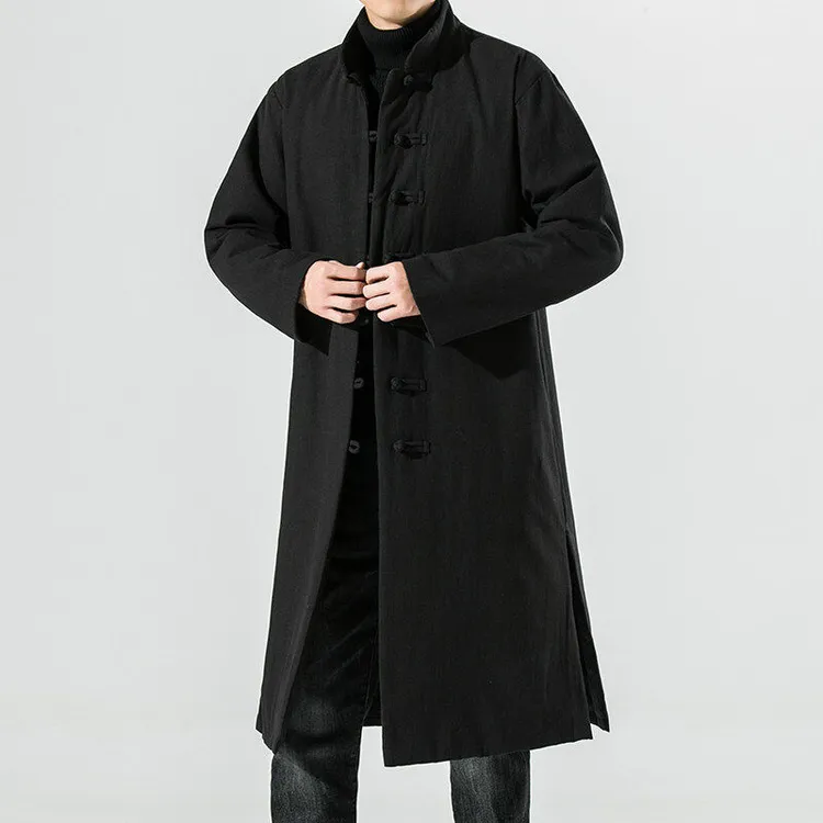 冬季中国风长款过膝唐装棉袄外套男士复古盘扣长袍立领居士服棉衣