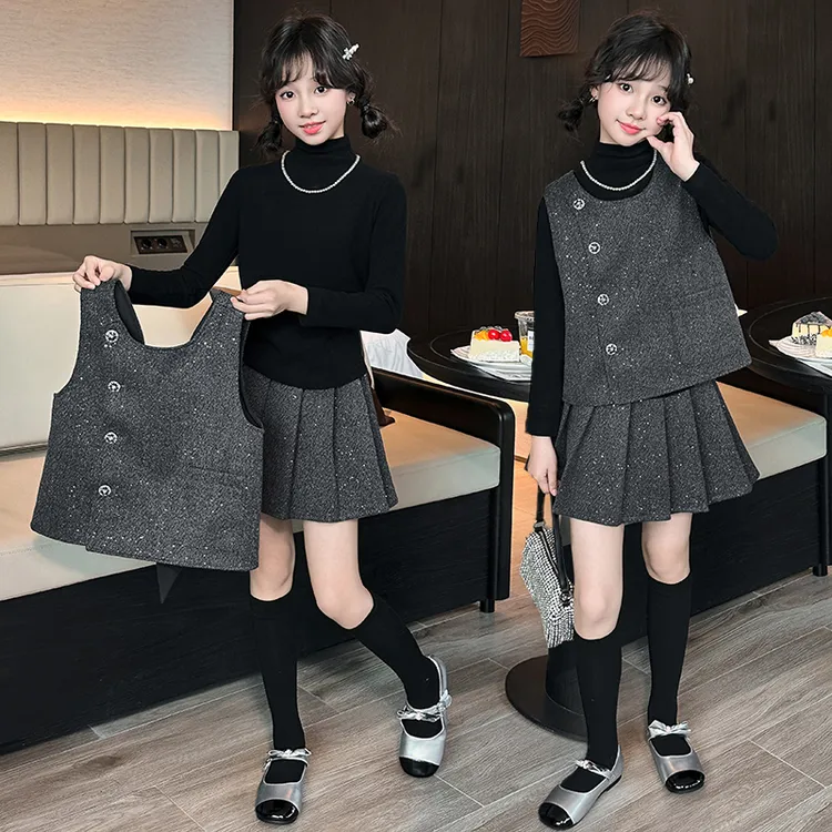 女童秋季新款甜美小香风蝴蝶结三件套6-12岁15中大儿童小女孩套装