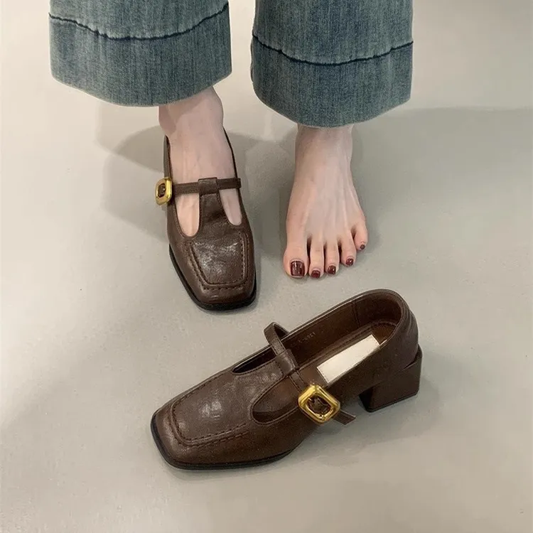 法式复古方头粗跟单鞋女春秋新款晚风韩版仙女高跟鞋玛丽珍小皮鞋