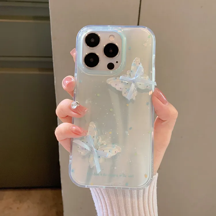 ins蝴蝶结薄荷绿星星适用iPhone16手机壳15带手链13pro新款14软壳