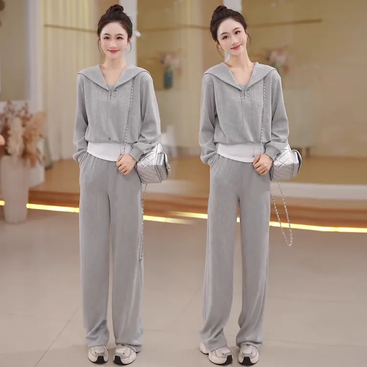时尚休闲套装女2025秋季新款时髦洋气假两件连帽上衣阔腿裤两件套
