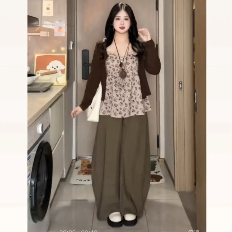 大码法式V领碎花吊带背心开衫设计感显瘦25165阔腿裤三件套