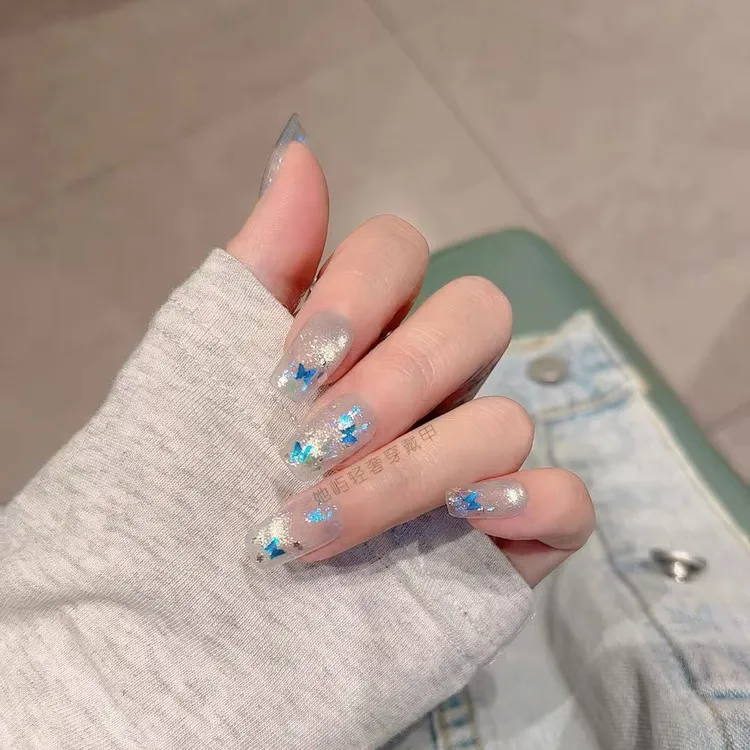 【玻璃海】纯手工穿戴甲春夏浅蓝色猫眼蝴蝶冰透显白简约短甲氛围感