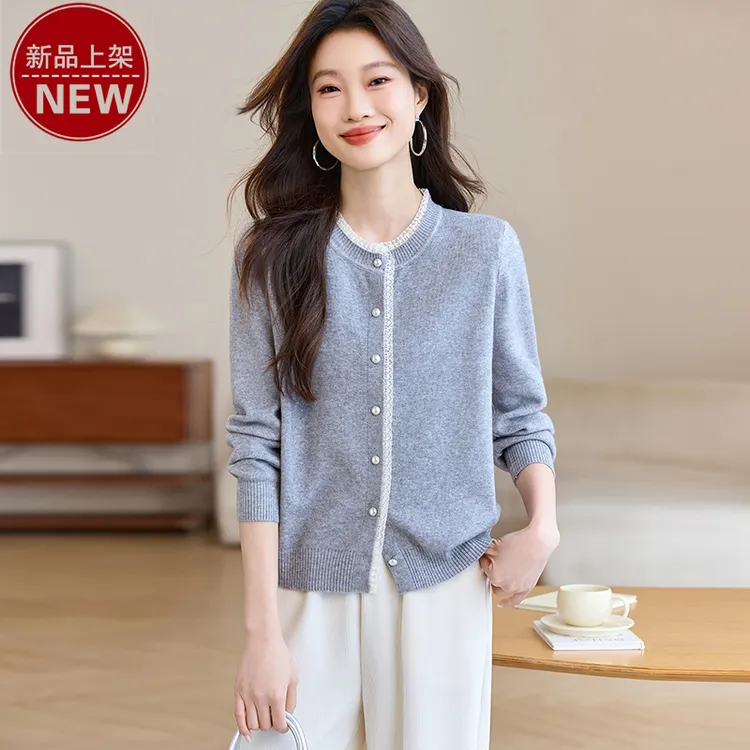 哥弟阿玛施正品2025新款圆领蕾丝拼接时尚纯色休闲气质百搭针织衫