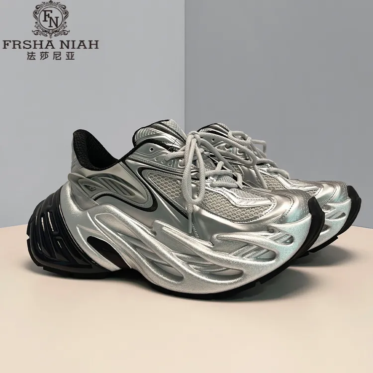 法莎尼亚银色老爹鞋男款新款厚底6CM增高厚底网网面厚底增高透气