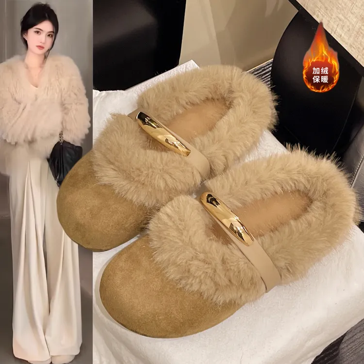 法式小众豹纹毛毛拖鞋女外穿2025新款秋冬复古加绒懒人勃肯棉拖鞋