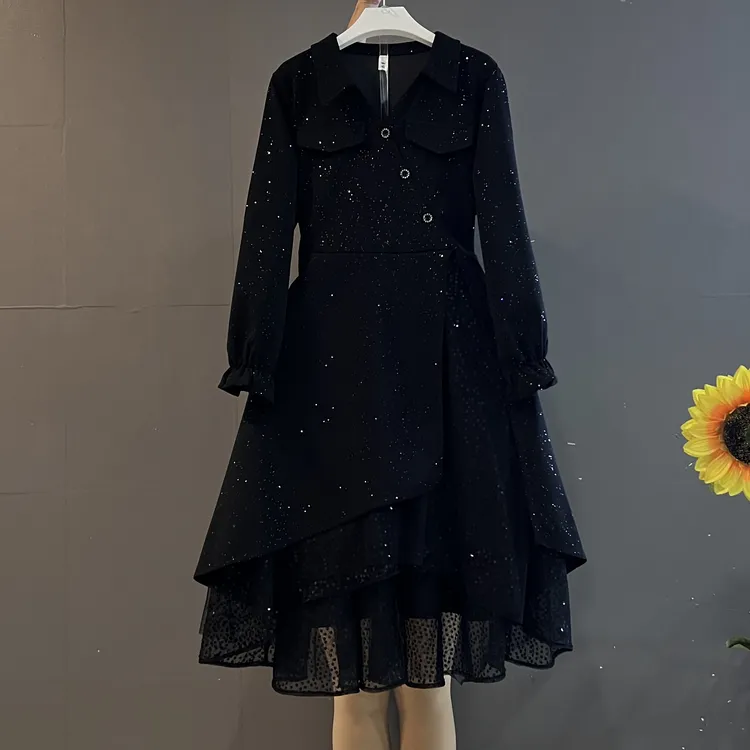 新款大码轻奢亮片拼接翻领收腰显瘦不等式连衣裙
