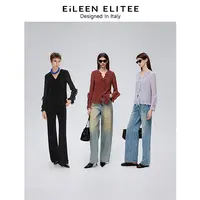 朗姿欧洲EiLEEN ELITEE2025年夏新款黑色衬衣上衣荷叶边雪纺衬衫