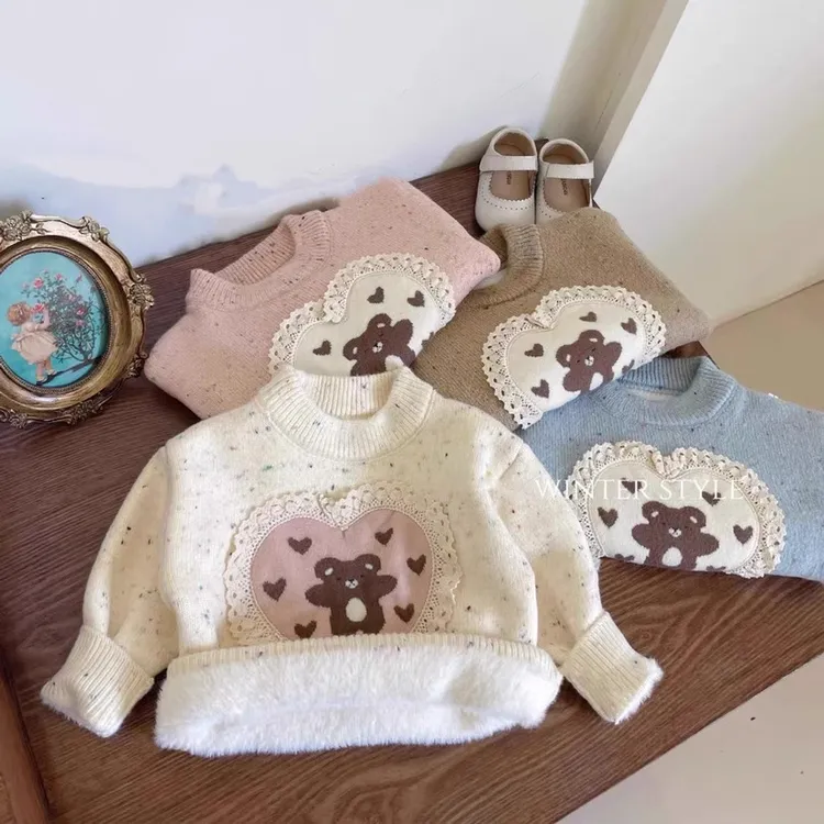 女童毛衣一体绒套头针织衫打底针织圆领内搭上衣加厚保暖秋冬新款