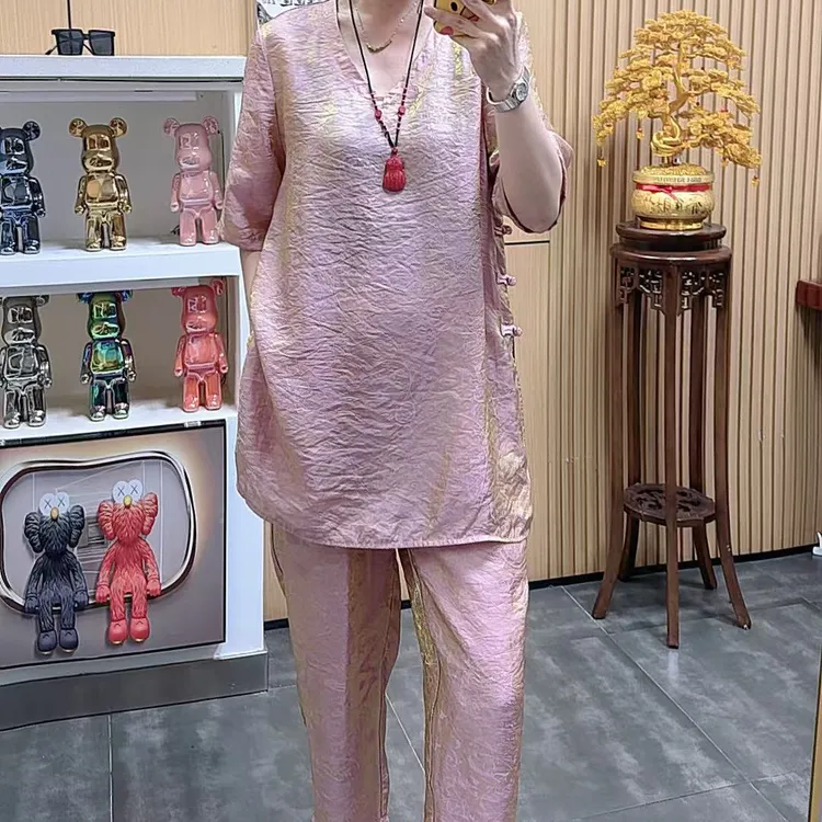 春夏新款重磅重工气质新中式国风提花短袖T恤搭配休闲裤套装