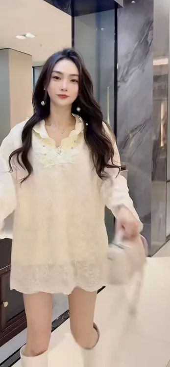 喇叭袖蕾丝衬衫连帽V领圆领长袖宽松蕾丝衫拼接镂空