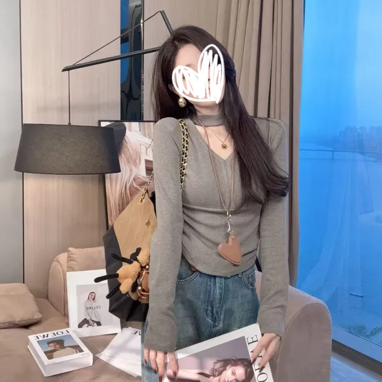 【晓溪服饰】挂脖V领长袖百搭显瘦时尚ins设计感T恤女