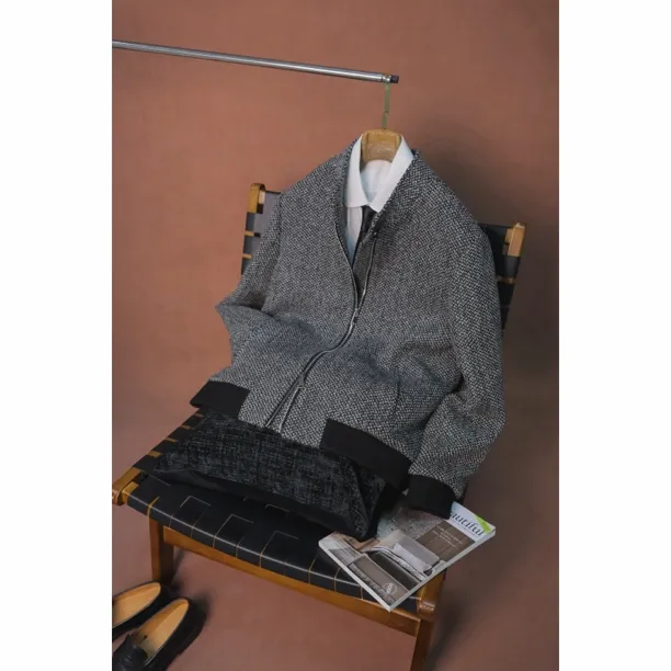 INCHOI秋冬男士立领羊毛混纺粗纺岗花夹克时尚短款休闲毛呢单上衣