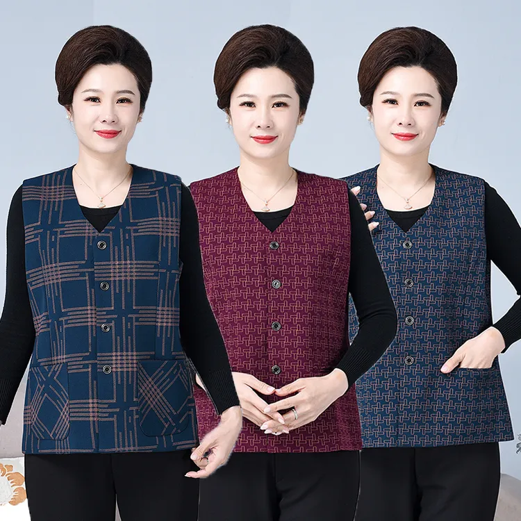 春季直角女马甲格子纽扣宽松马夹妈妈马甲上衣中老年大码老人针织