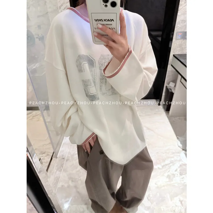 『PEACHZHOU』撞色织带怀旧字母印花散边美式复古宽松圆领长袖T恤女