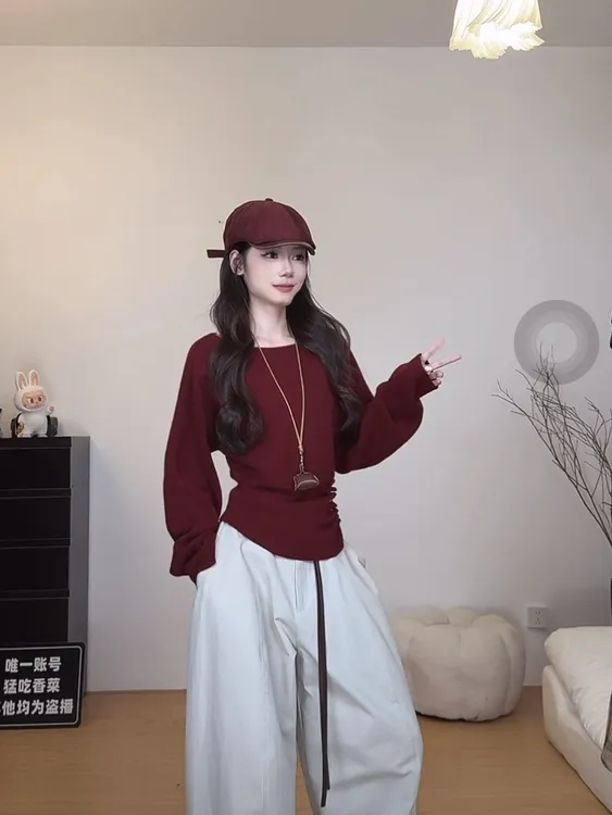 （6-8运贴）小众设计感收腰排扣斜肩针织衫秋季韩系气质显瘦小衫