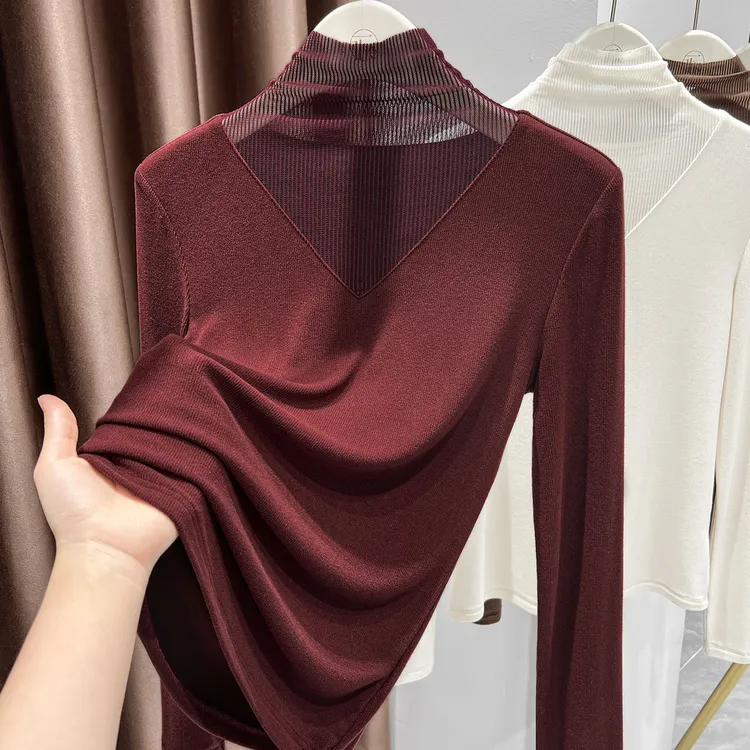 红色纯欲堆堆领针织上衣女秋冬新款网纱拼接设计T恤套头长袖内搭