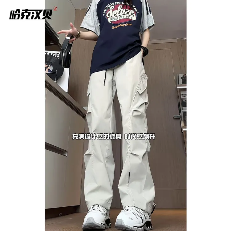 美式高街潮牌设计感压褶速干工装裤男女直筒休闲百搭大码宽松夏季