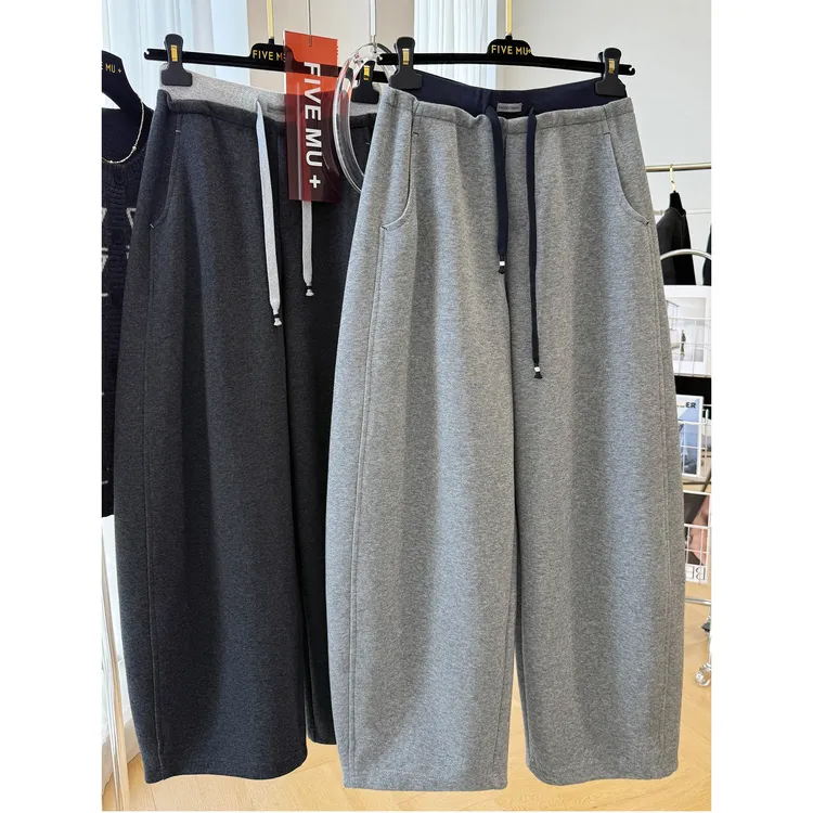 盼可欣240斤大码灰色抽绳卫裤女秋季宽松百搭阔腿裤高级感休闲裤