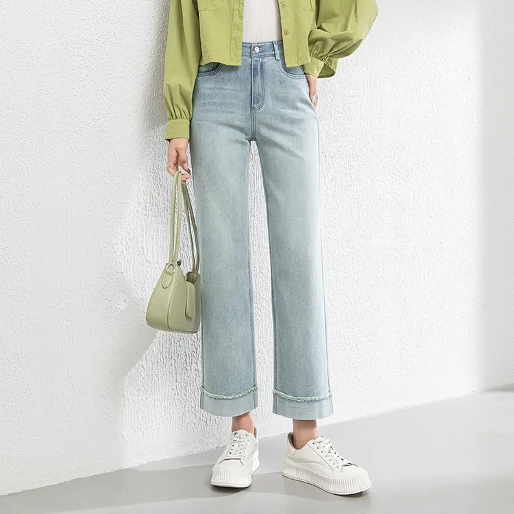 正品哥弟新款宽松牛仔裤女2025春季韩版外翻脚口毛边九分裤直筒裤