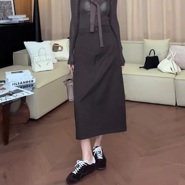 松紧腰后开叉半身裙高腰休闲裙251467#