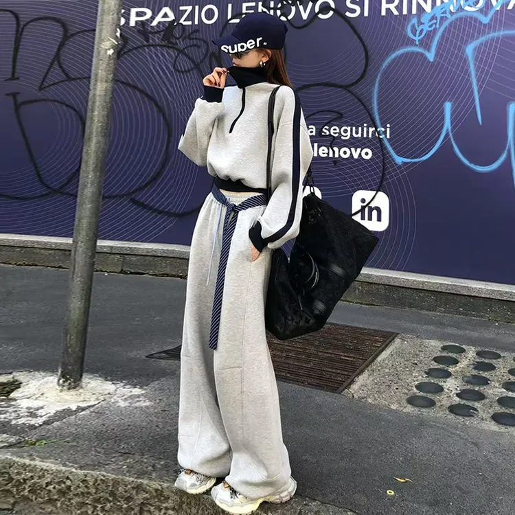 秋冬慵懒风美式复古街头休闲运动套装女宽松撞色卫衣束脚裤两件套