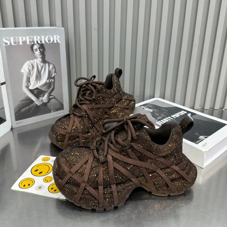 专柜正品秋季新款时尚厚底老爹鞋满钻超闪绑带休闲运动鞋女鞋百搭